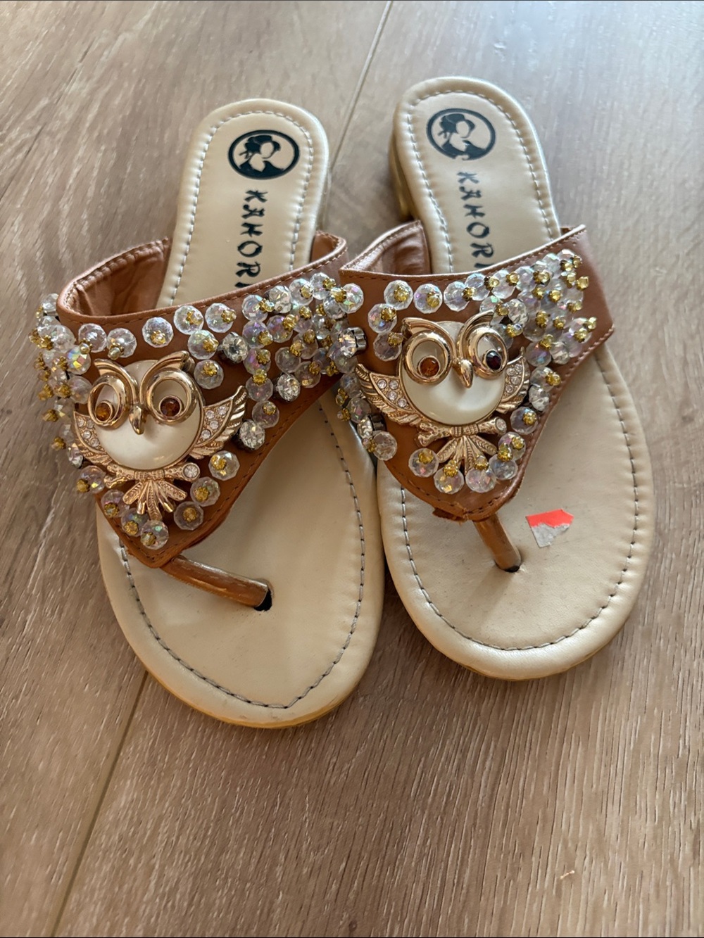 Boho Tan Rhinestone Owl Thong Sandals